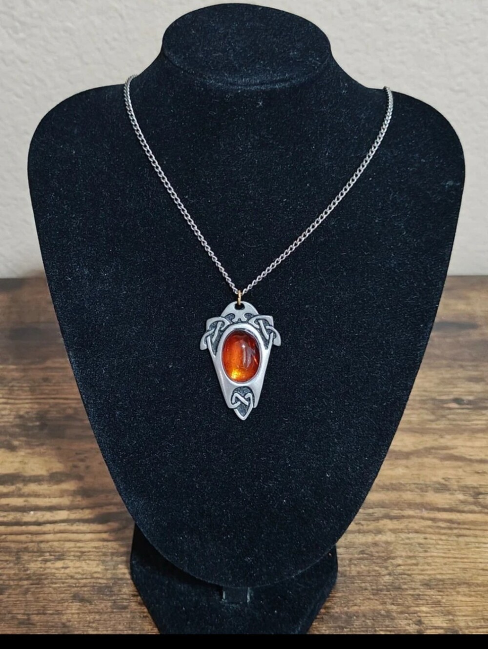 90s St Justin Cornwall Pewter Celtic Shield Pendant Necklace, Baltic Amber Stone